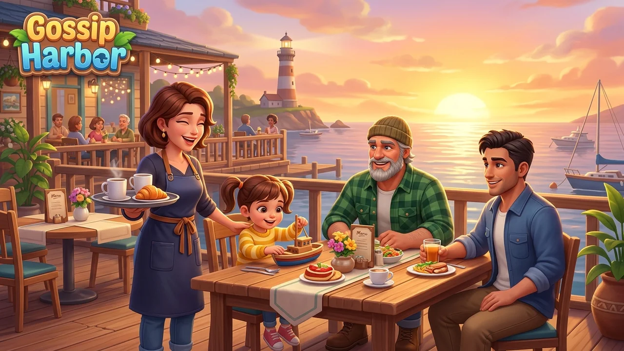 Personajes de Gossip Harbor en la terraza del restaurante