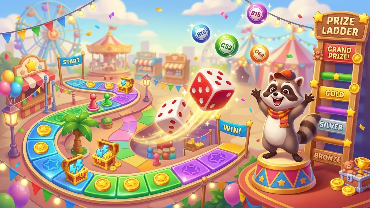Minijuegos de Gossip Harbor Raccoon Romps y Dados de la Suerte
